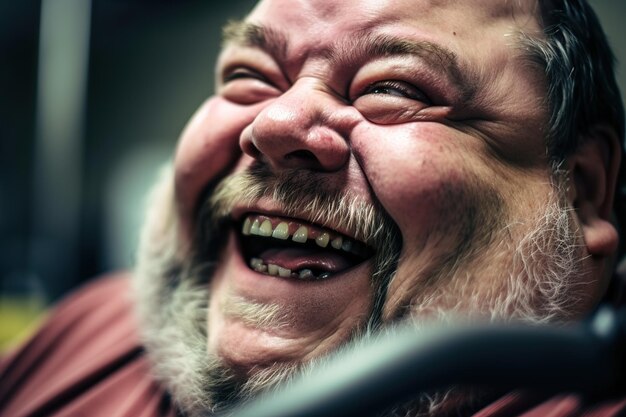 Foto een man die lacht met zijn mond open en zijn mond open