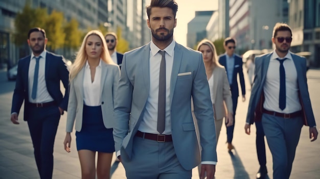 Een man die loopt met een groep mannen die pakken dragen.