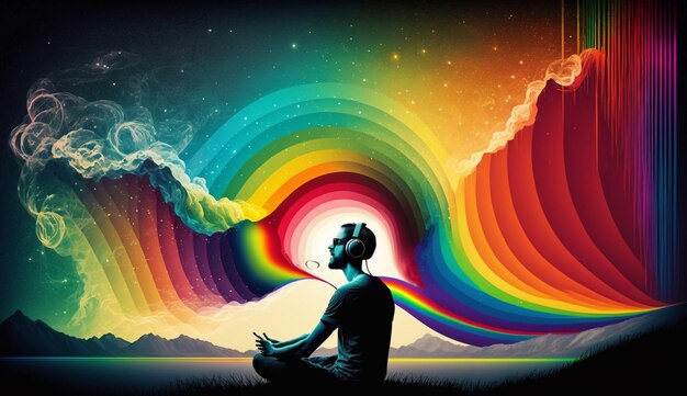 Foto een man die mediteert voor een regenboog.