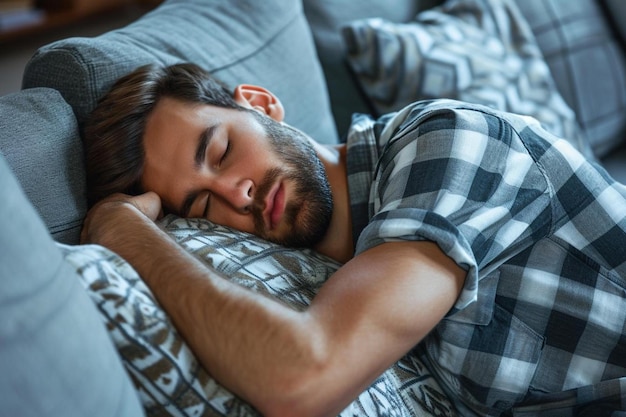 Foto een man die met gesloten ogen op een bank slaapt