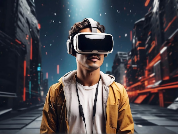 een man die 'n virtual reality headset draagt in een stadsstraat's nachts