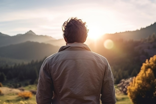 een man die naar de zon kijkt in de bergen, uitzicht van achteren