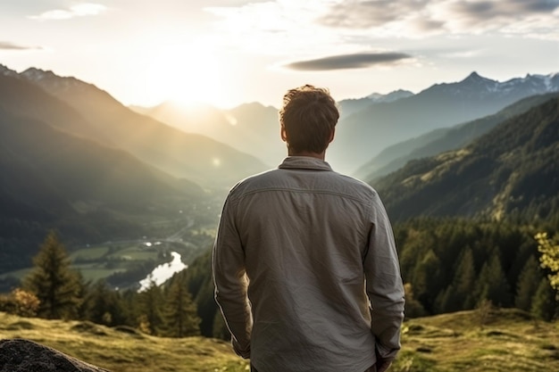 een man die naar de zon kijkt in de bergen, uitzicht van achteren