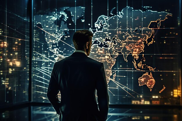 Foto een man die naar een enorm digitaal display kijkt met een wereldkaart waarop wereldwijde netwerkverbindingen te zien zijn