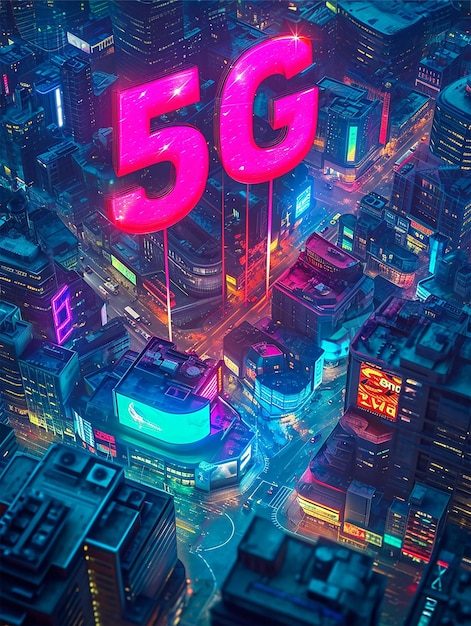 Foto een man die naar een nacht stadsbeeld kijkt met een 5g-bord