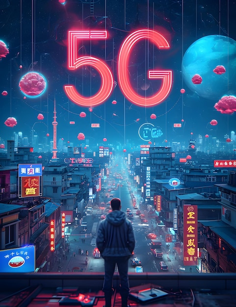 Een man die naar een nacht stadsbeeld kijkt met een 5G-bord