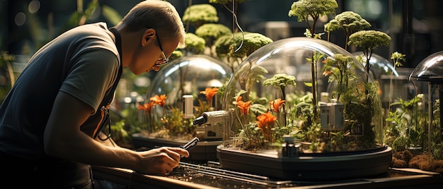 Foto een man die naar een plant kijkt in een glazen koepel