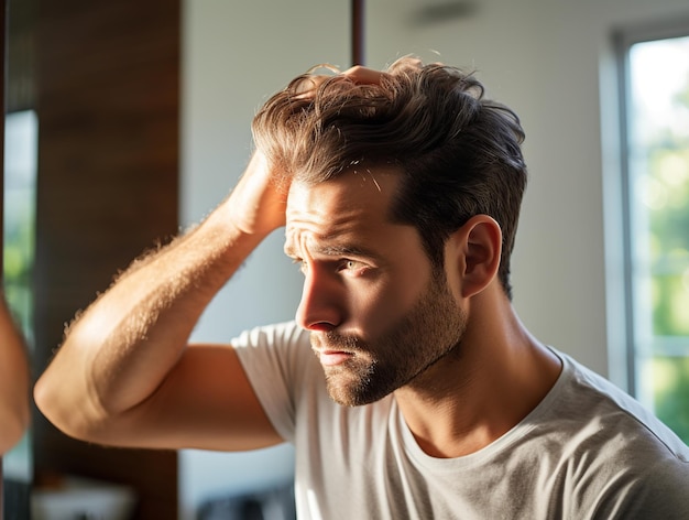 Een man die naar zijn haar kijkt in de spiegel.