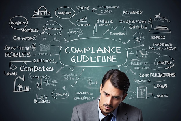 Een man die naast de woorden Compliance Rules Guidelines Regulations and Laws denkt om het belang te illustreren