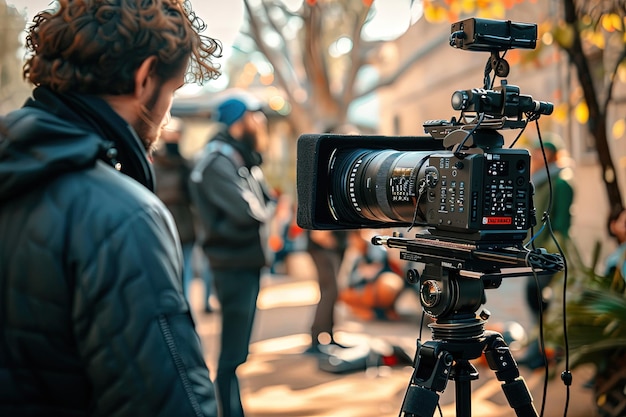 Een man die naast een camera op een statief staat