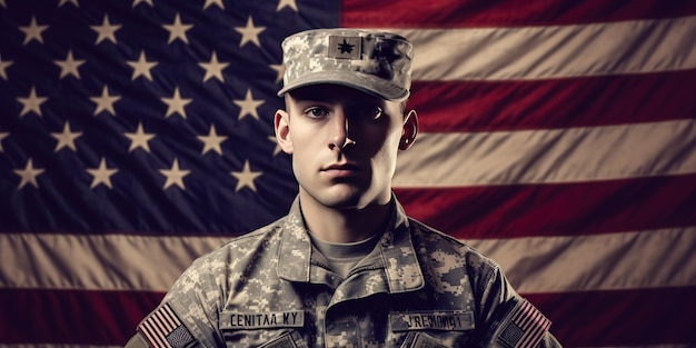 een man die ons legeruniform draagt op de achtergrond van de Amerikaanse vlag