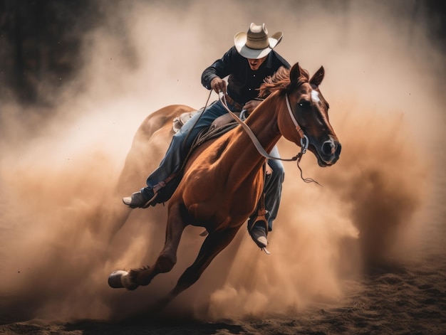 Een man die op de rug van een bruin paard rijdt Generatief AI-beeld