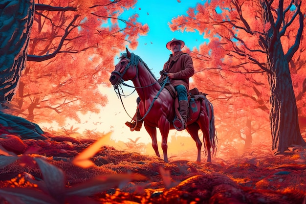 Een man die op de rug van een paard door een bos rijdt Generatief AI-beeld