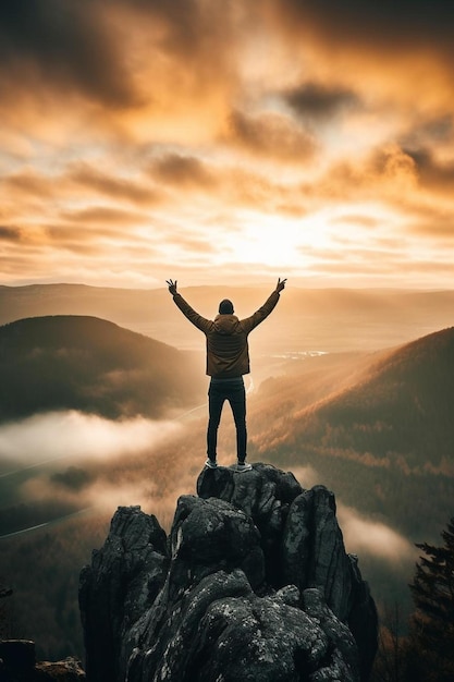 een man die op de top van een berg staat met zijn armen uitgestrekt