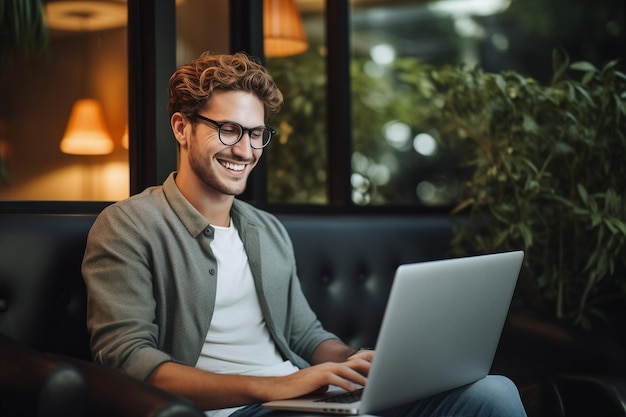 Foto een man die op een bank zit met een laptop