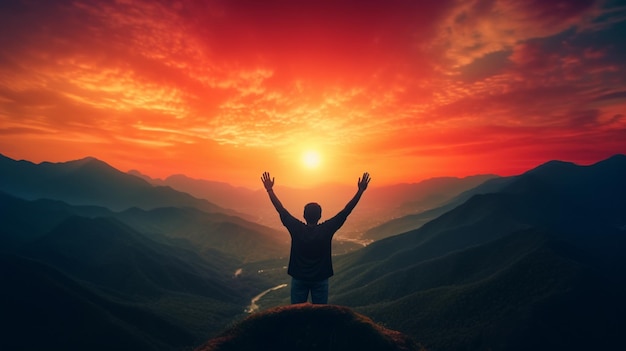 Een man die op een berg staat met de zon op zijn armen