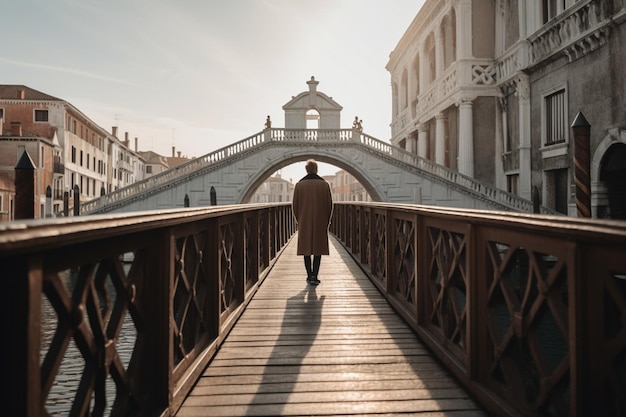 Een man die op een brug in Venetië loopt