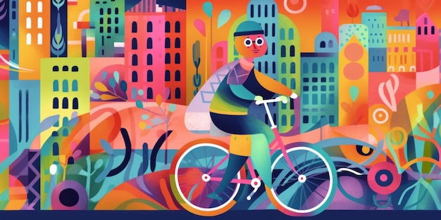 Een man die op een fiets door een stad rijdt Generatieve AI-beeld