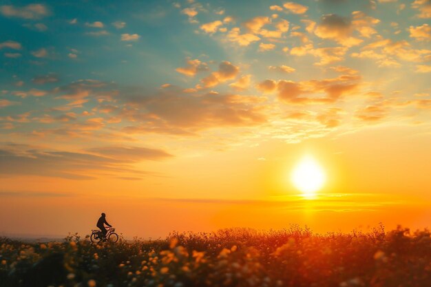 een man die op een fiets rijdt in een veld van bloemen met de zon achter hem