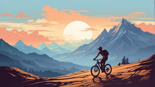 Foto een man die op een fiets rijdt in het bergwoud vintage plat ontwerp gedempte kleuren illustratie
