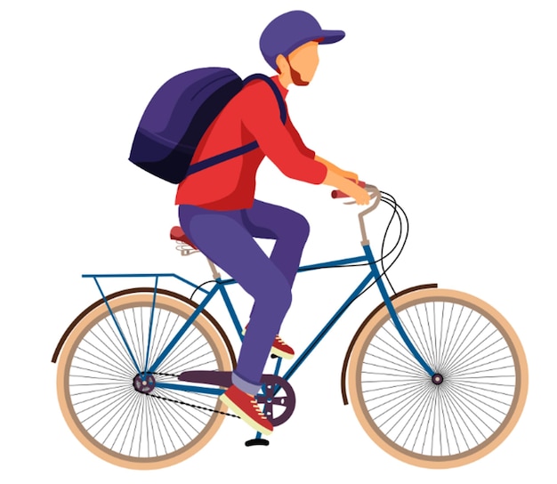 een man die op een fiets rijdt met een rugzak op zijn rug