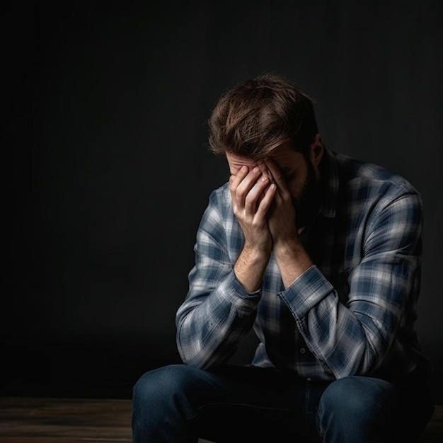 Foto een man die op een houten vloer zit en zijn gezicht met zijn handen bedekt