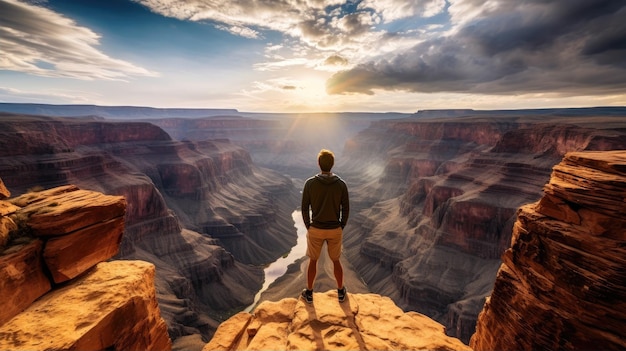 een man die op een klif staat en naar een kloof kijkt met de Grand Canyon op de achtergrond