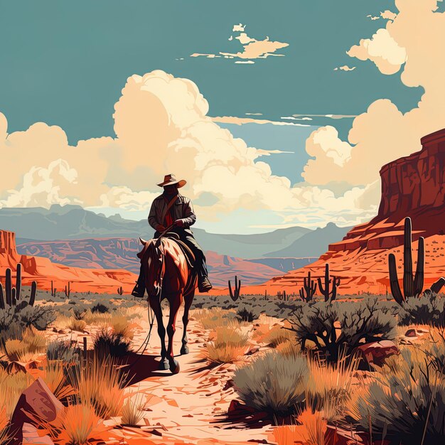 een man die op een paard rijdt door de woestijn met bergen op de achtergrond