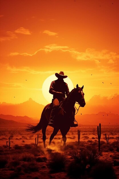 Foto een man die op een paard rijdt in een woestijn met een zonsondergang op de achtergrond