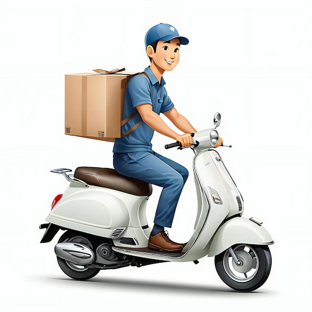 een man die op een scooter rijdt met een doos aan de voorkant Delivery Boy in een witte scooter