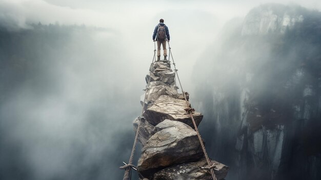 Foto een man die op een stenen klif boven de wolken staat succesconcept