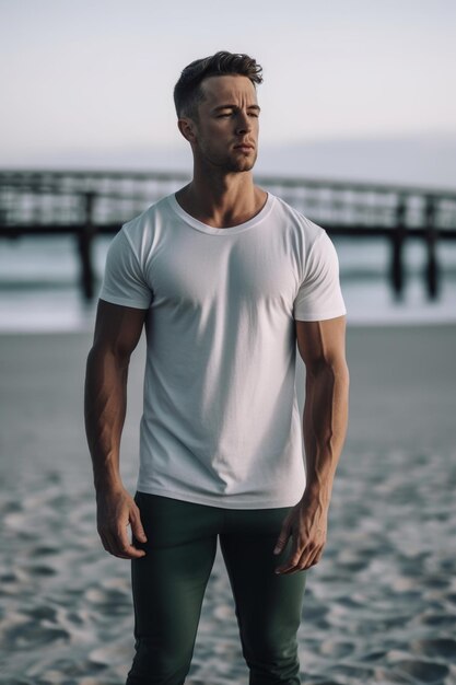 Een man die op een strand staat en een wit t-shirt draagt