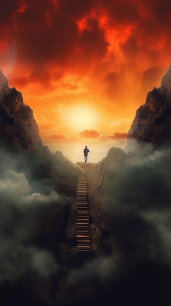 Een man die op een trap staat die naar een berg leidt met een zonsondergang op de achtergrond generatieve ai