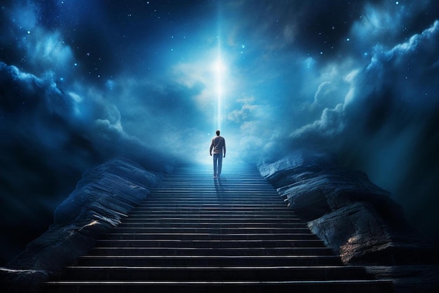 een man die op een trap staat in een donkere kamer met een ster aan de hemel.