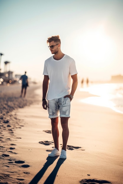 Een man die op het strand loopt in een wit t-shirt en korte broek