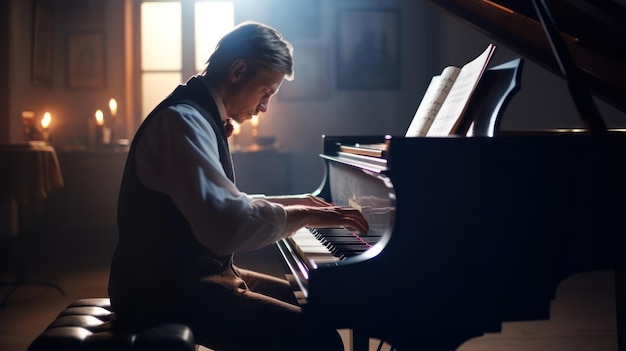 Een man die piano speelt in een donkere kamer