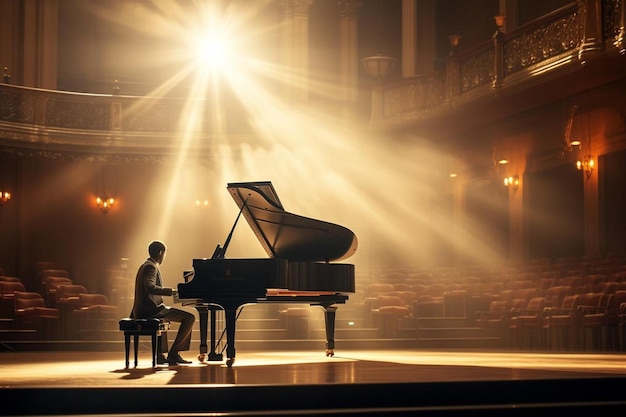 Een man die piano speelt op het podium met het licht achter zich