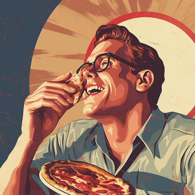 Een man die pizza eet met een pizza in zijn hand.