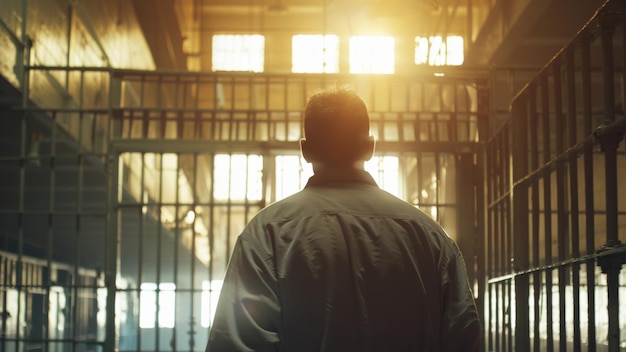 Een man die plechtig in een gevangeniscorridor staat, gebaderd in het licht van de ramen.