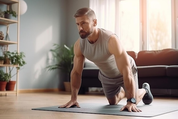 een man die push-ups doet op een mat voor een raam