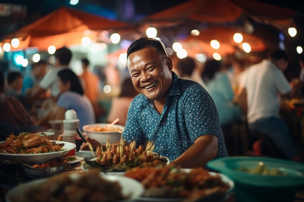 Een man die 's avonds vrolijk eet op een straatvoedselmarkt