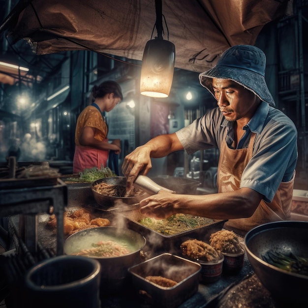 Een man die 's nachts eten kookt op een markt Generatieve Ai