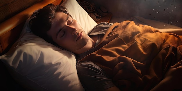 een man die 's nachts in bed slaapt, wordt aanbevolen voor een optimale slaapgezondheid in de stijl van gouden licht