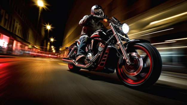 Een man die 's nachts op een motorfiets door een straat rijdt.