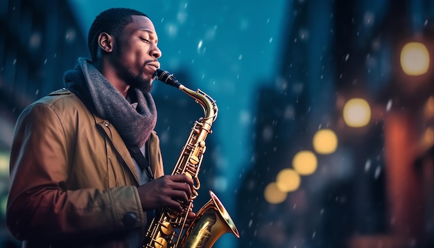 Een man die saxofoon speelt in de regen