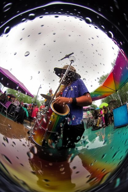 Een man die saxofoon speelt voor een regenboogparaplu.