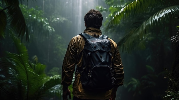 een man die staat te kijken naar tropisch regenwoud diepte van het veld met bos achtergrond