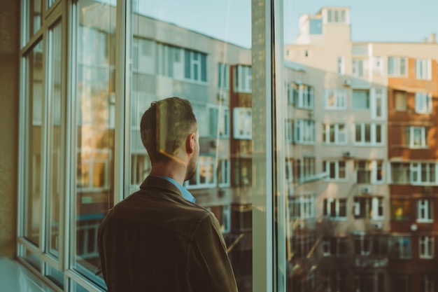 een man die uit een raam kijkt met een uitzicht op een stad