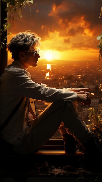 een man die uit een raam kijkt naar een zonsondergang