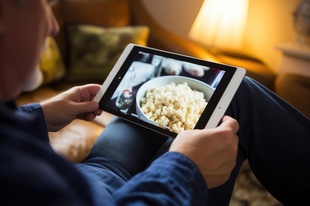 Foto een man die van een film op zijn tablet geniet